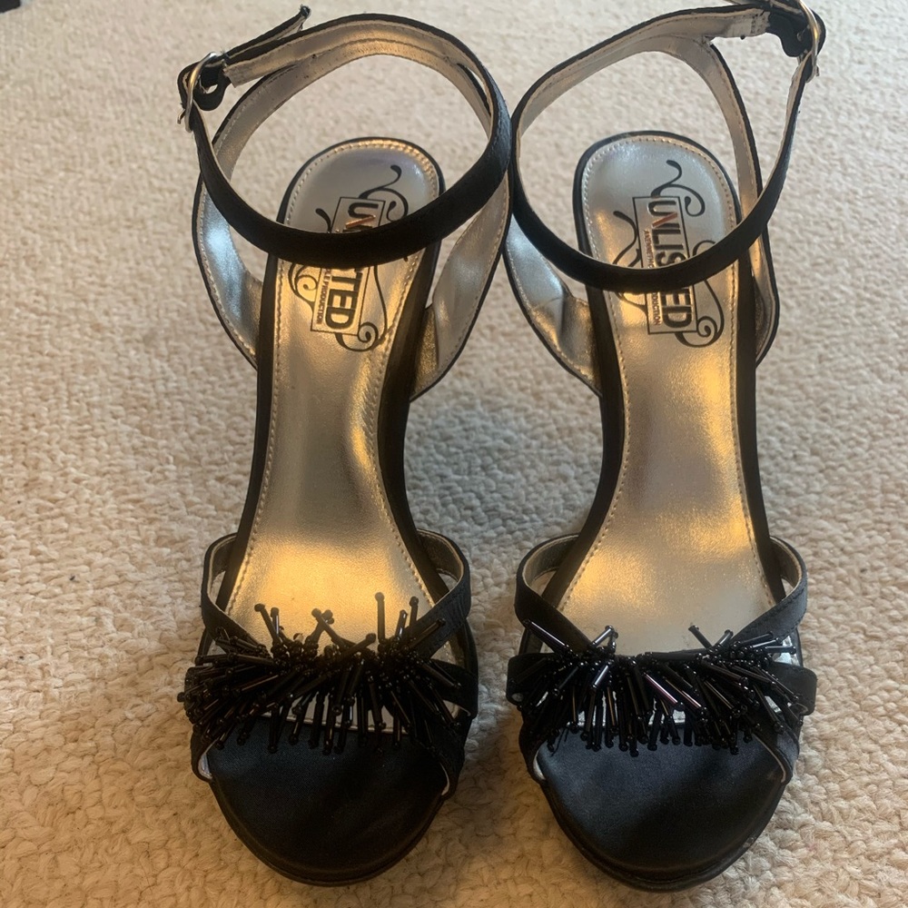 Black satin platform sandal w/ 4 1/2” heel